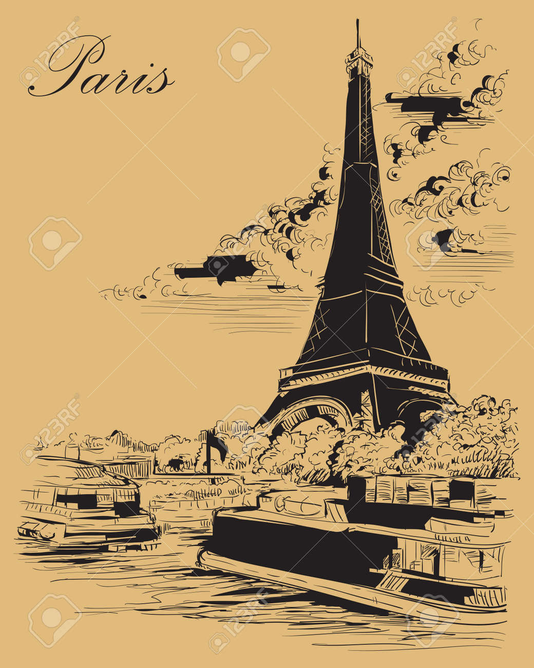 Vector Hand Drawing Illustration Of Eiffel Tower Paris France Royalty Free Cliparts Vectors And Stock Illustration Image 127634662