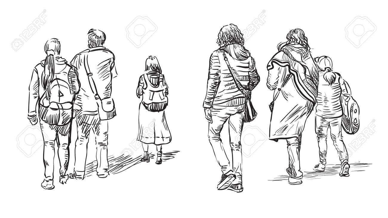 Vector Set Of Sketch Hand Drawing Walking People In Black Color Isolated On  White Background. Monochrome Realistic Sketch Of Tourists. Vector  Illustration Of People. Image For Design. Клипарты, SVG, векторы, и Набор