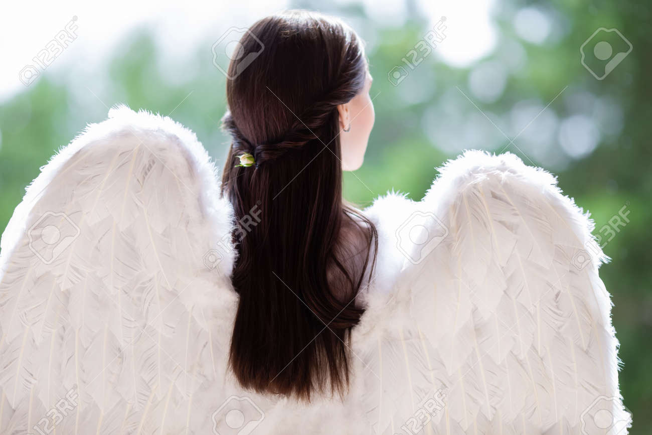 Back View Of Angel Woman With Beautiful Long Hair White Feather