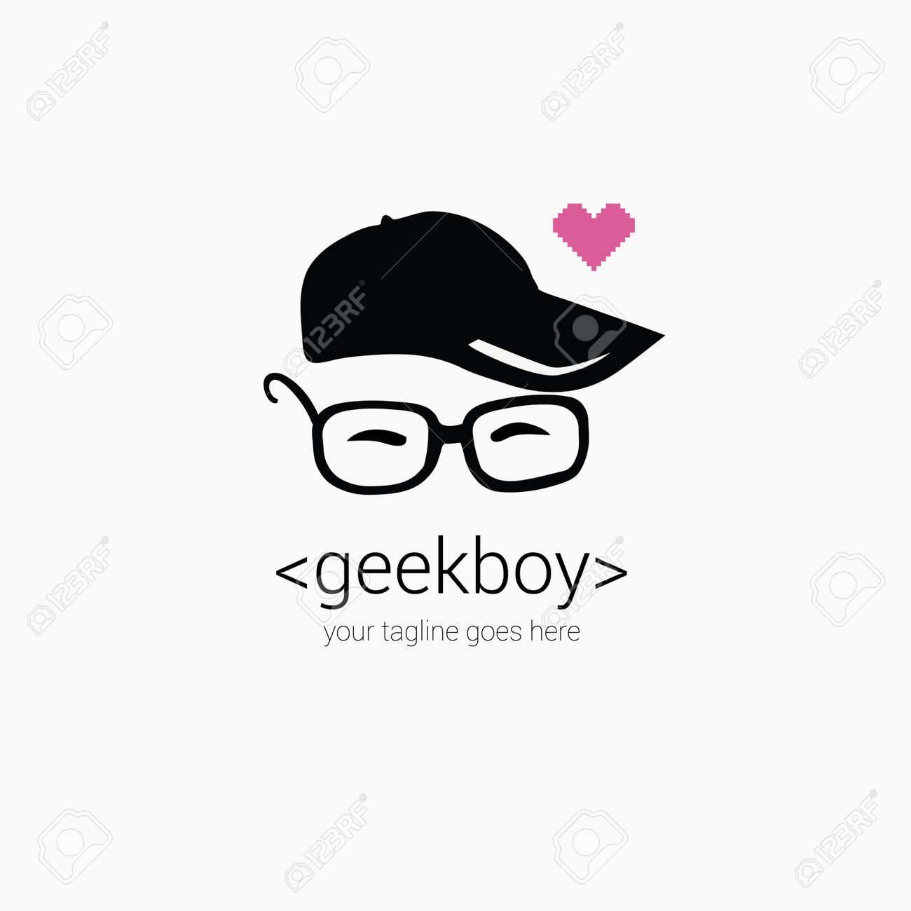 geek boy logo design template with cartoon face in eye glasses