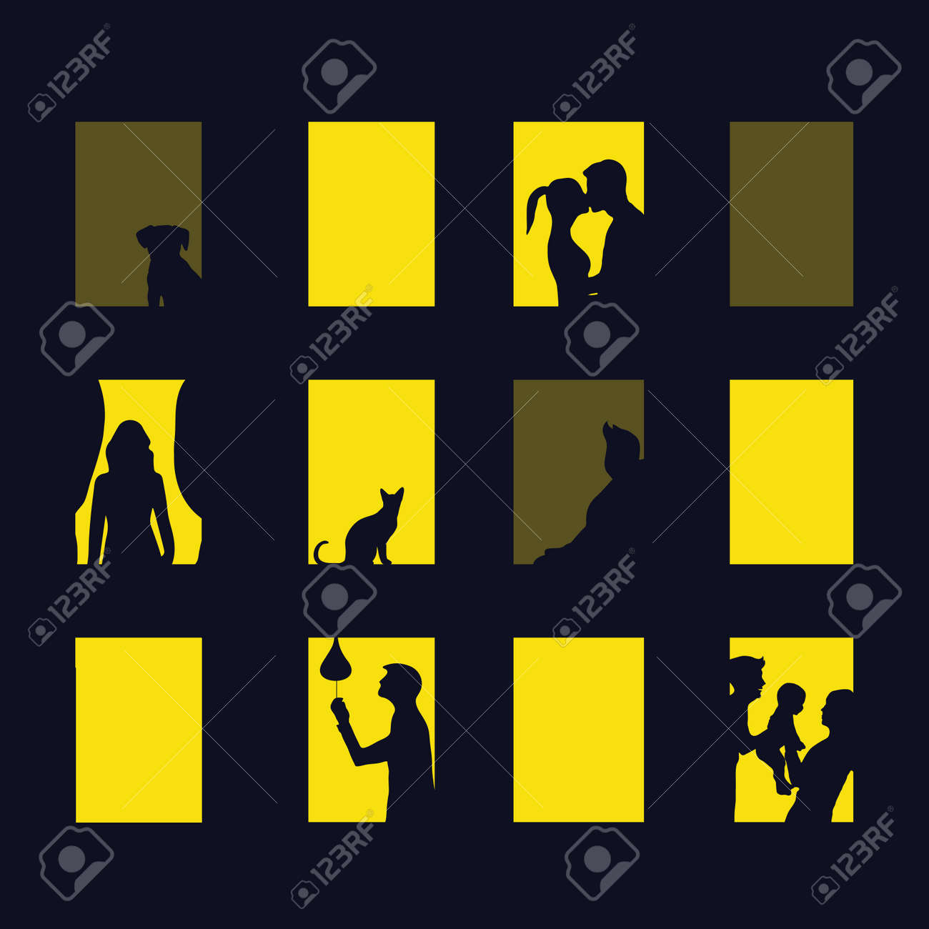 Fenêtre De La Ville La Nuit Illustration Vectorielle De Blocs Dappartements Avec Des Fenêtres Dans Lesquels Les Silhouettes Décarts De Personnes