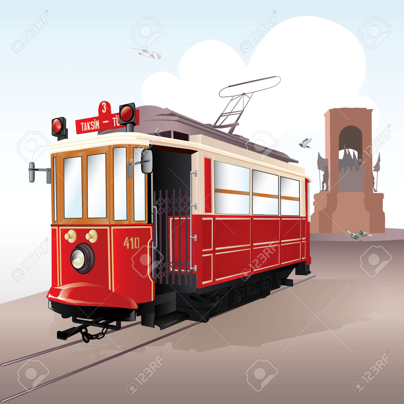 自由の記念碑 タクシムと伝統的なイスタンブールの路面電車 ベクトル イラストのイラスト素材 ベクタ Image