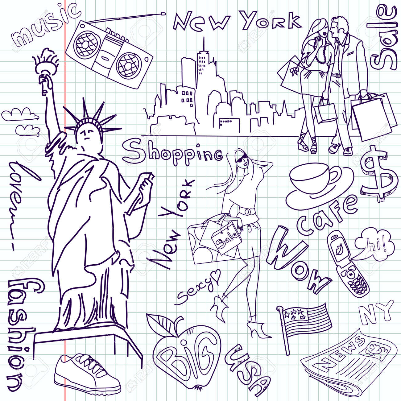 Shopping In New York Doodles Royalty Free SVG, Cliparts