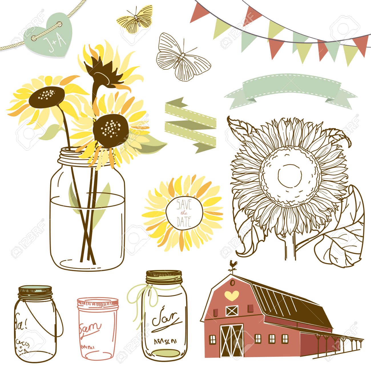 Glass Jars Sunflowers Ribbons Bunting Butterflies And Cute Rustic Barn Illustration Glass Jars Sunflowers Ribbons Bunting Butterflies And Cute Rustic Barn Illustration
