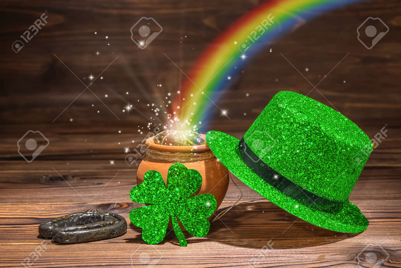 St Patricks Day Decoration With Magic Light Rainbow Pot Full Gold Coins Horseshoe Green