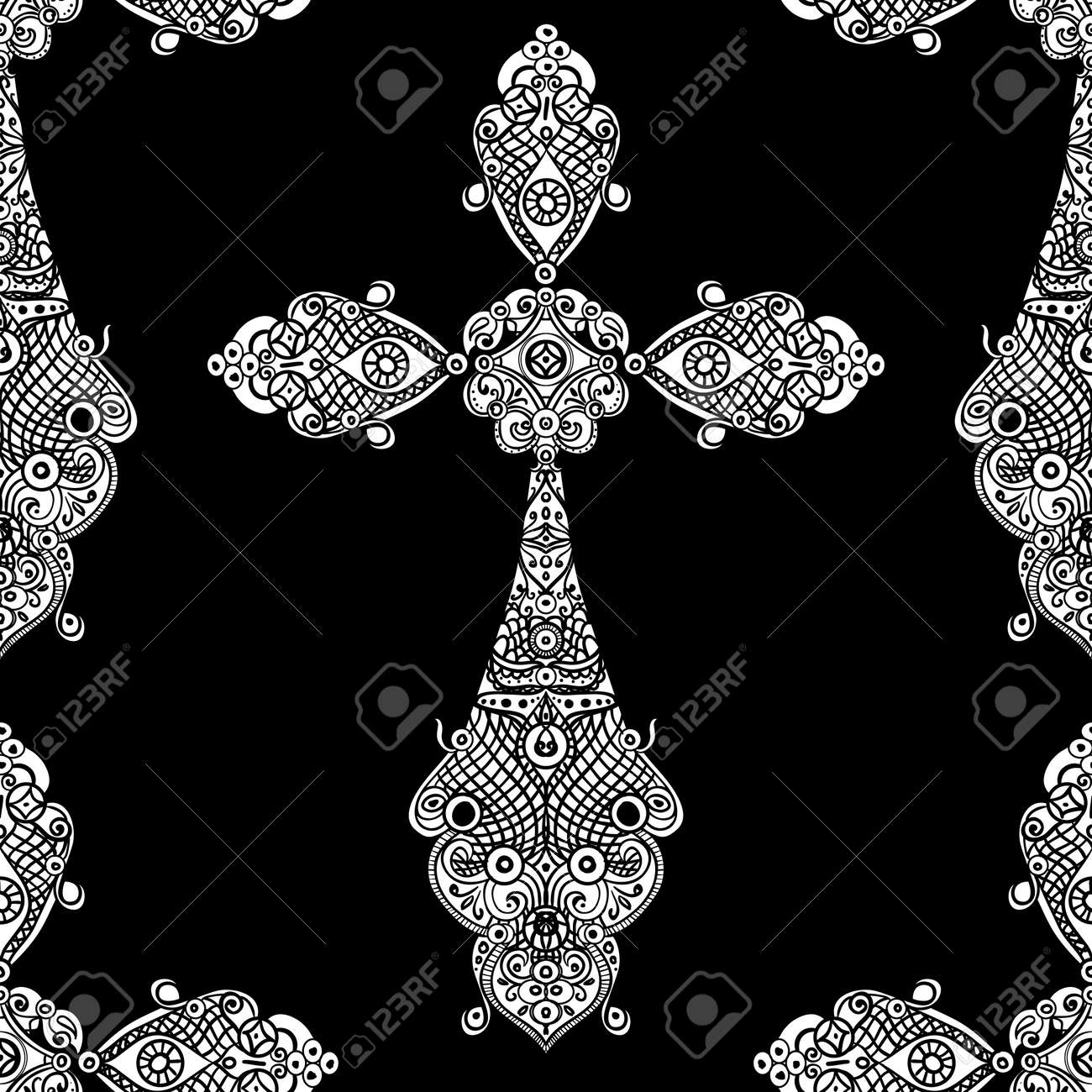 Banque dimages vintage religious crosses in black and white seamless pattern with repeated motif of crucifix for fabric or heraldic design