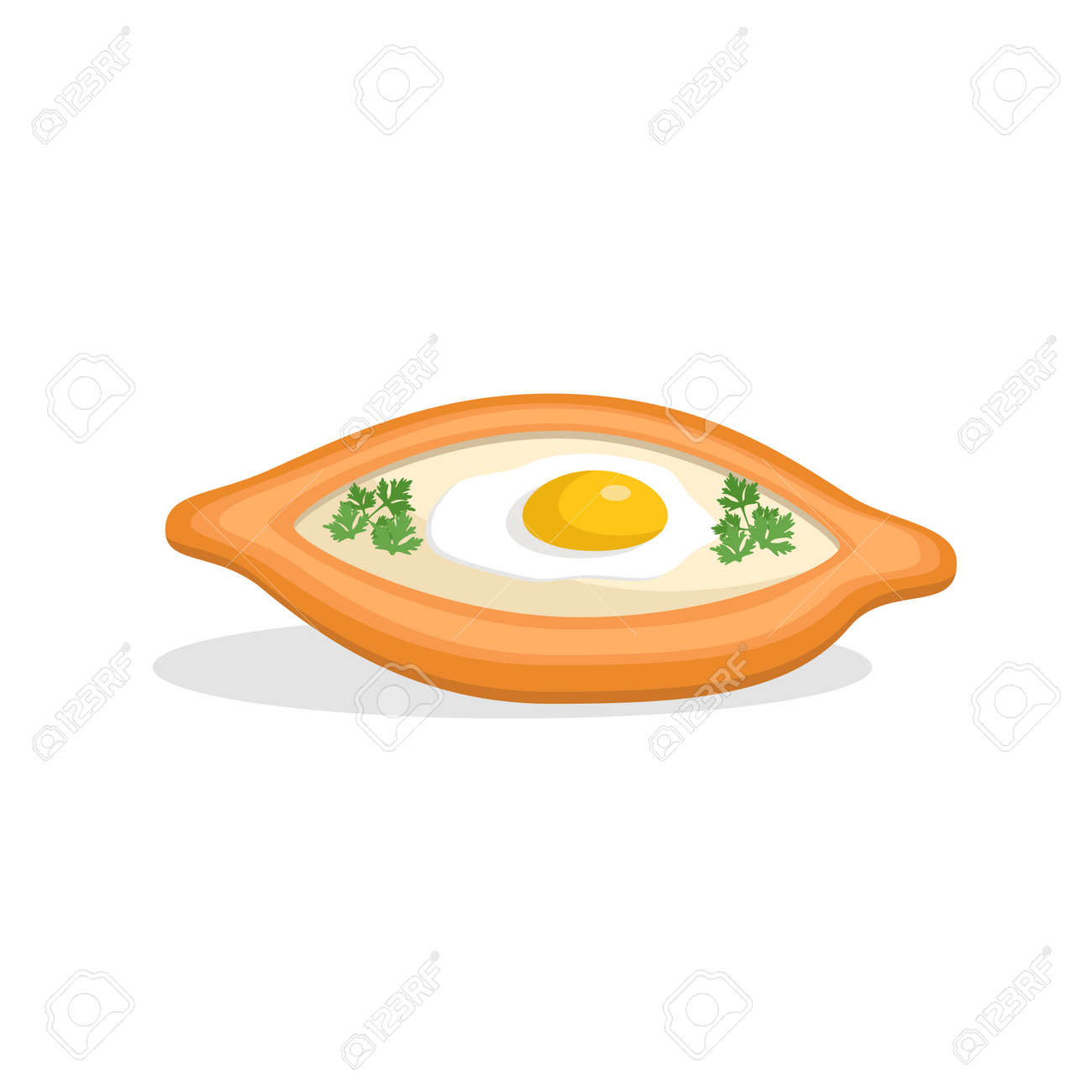 Traditional ajarian and georgian dish - khachapuri. Freshly baked flat bread filled with cheese and egg, leaves of parsley on top, isolated on white background. Vector hand drawn illustration. - 128881450 Traditional ajarian and georgian dish - khachapuri. Freshly baked flat bread filled with cheese and egg, leaves of parsley on top, isolated on white background. Vector hand drawn illustration. - 128881450