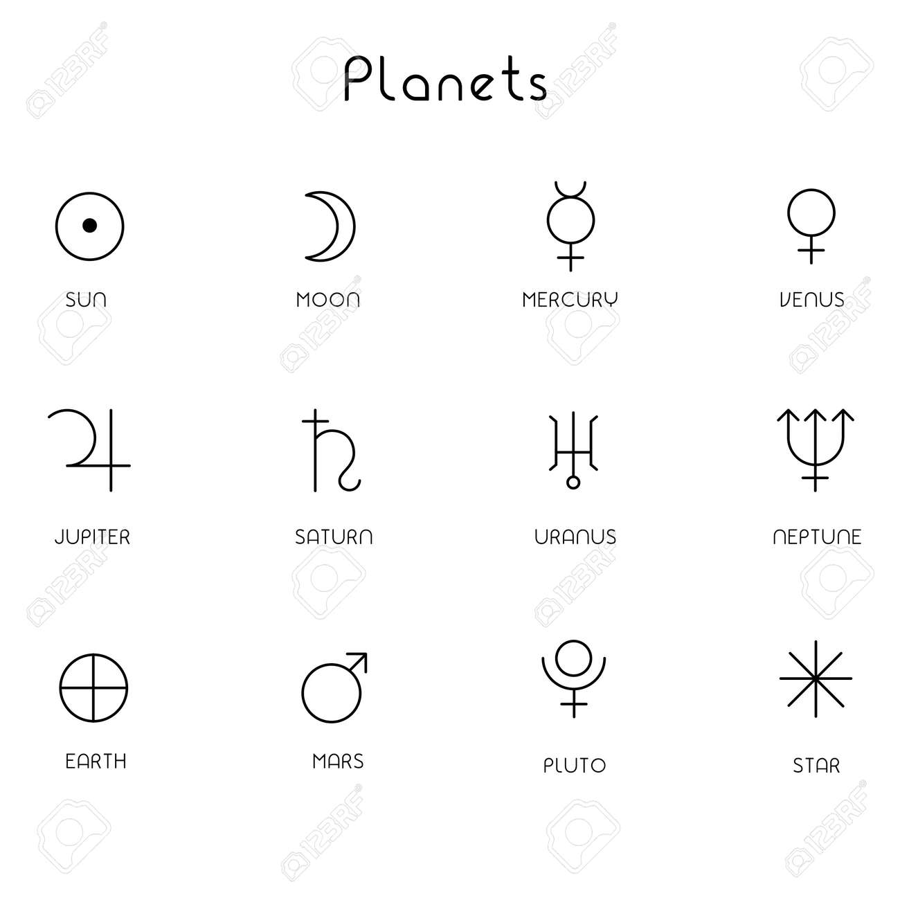 Zodiac sings astrology astronomy symbols, isolated icons. Planets in line art black and white color geometric. Vector illustrations - 135502941 Zodiac sings astrology astronomy symbols, isolated icons. Planets in line art black and white color geometric. Vector illustrations - 135502941