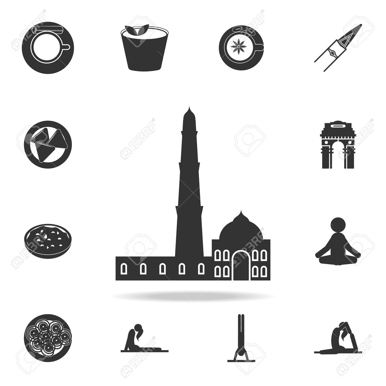 Qutub minar icon with set of other indian culture symbol icons stock vector 96745664