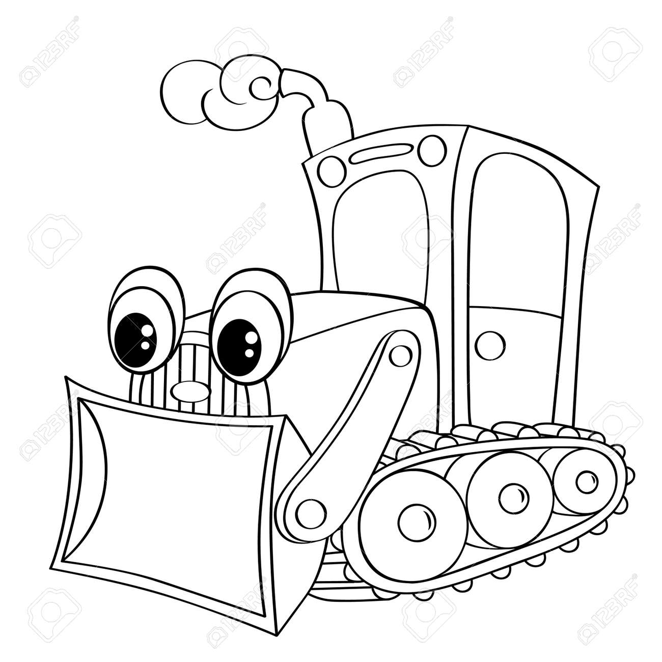 Funny Cartoon Bulldozer Black And White Vector Illustration For Coloring Book Stock
