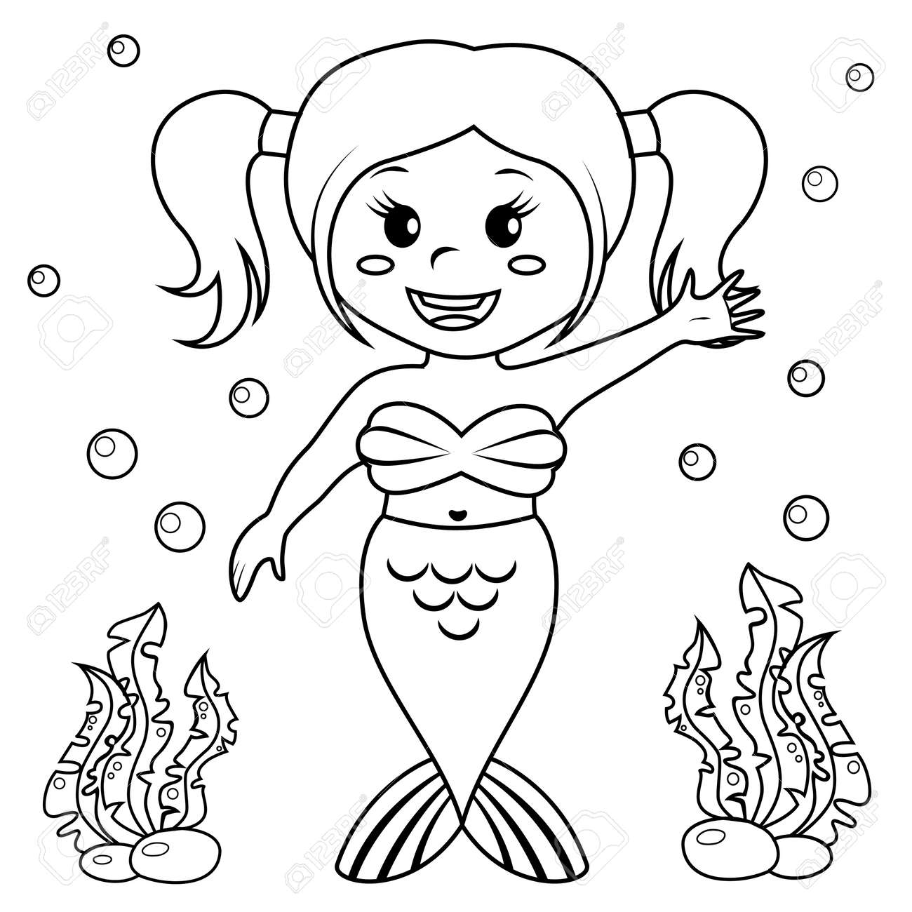 Nette Kleine Meerjungfrau Schwarz Weiss Vektor Illustration Fur Malbuch Lizenzfrei Nutzbare Vektorgrafiken Clip Arts Illustrationen Image