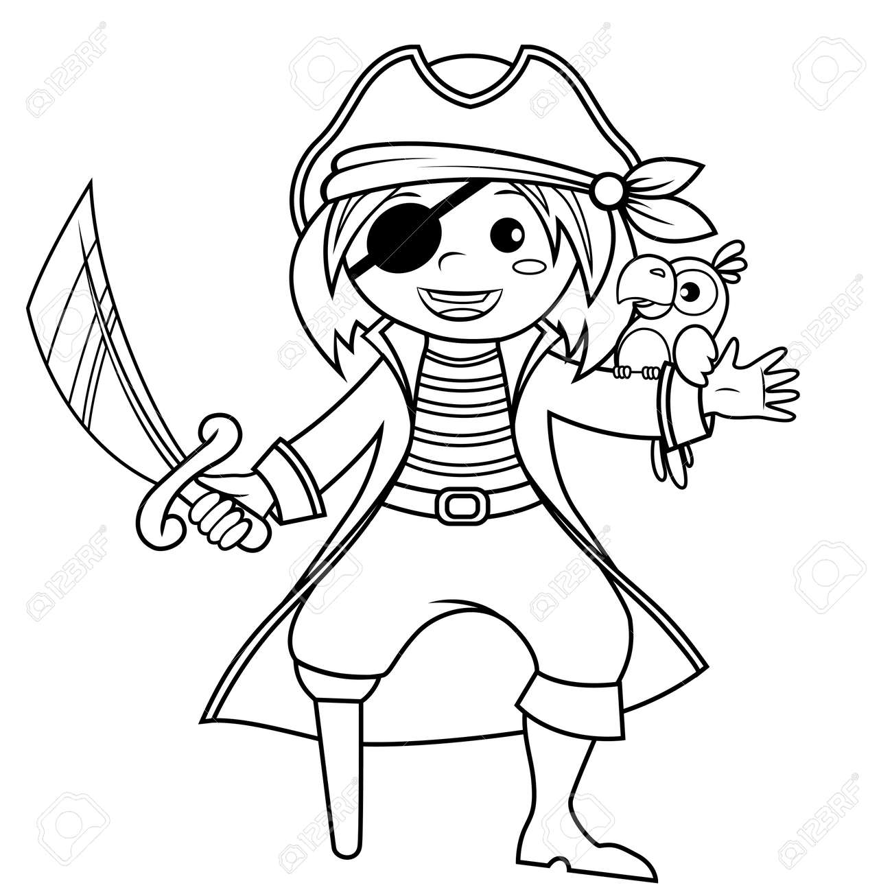 Pirate With Parrot. Black And White Vector Illustration For Coloring ... Pirate With Parrot. Black And White Vector Illustration For Coloring ...