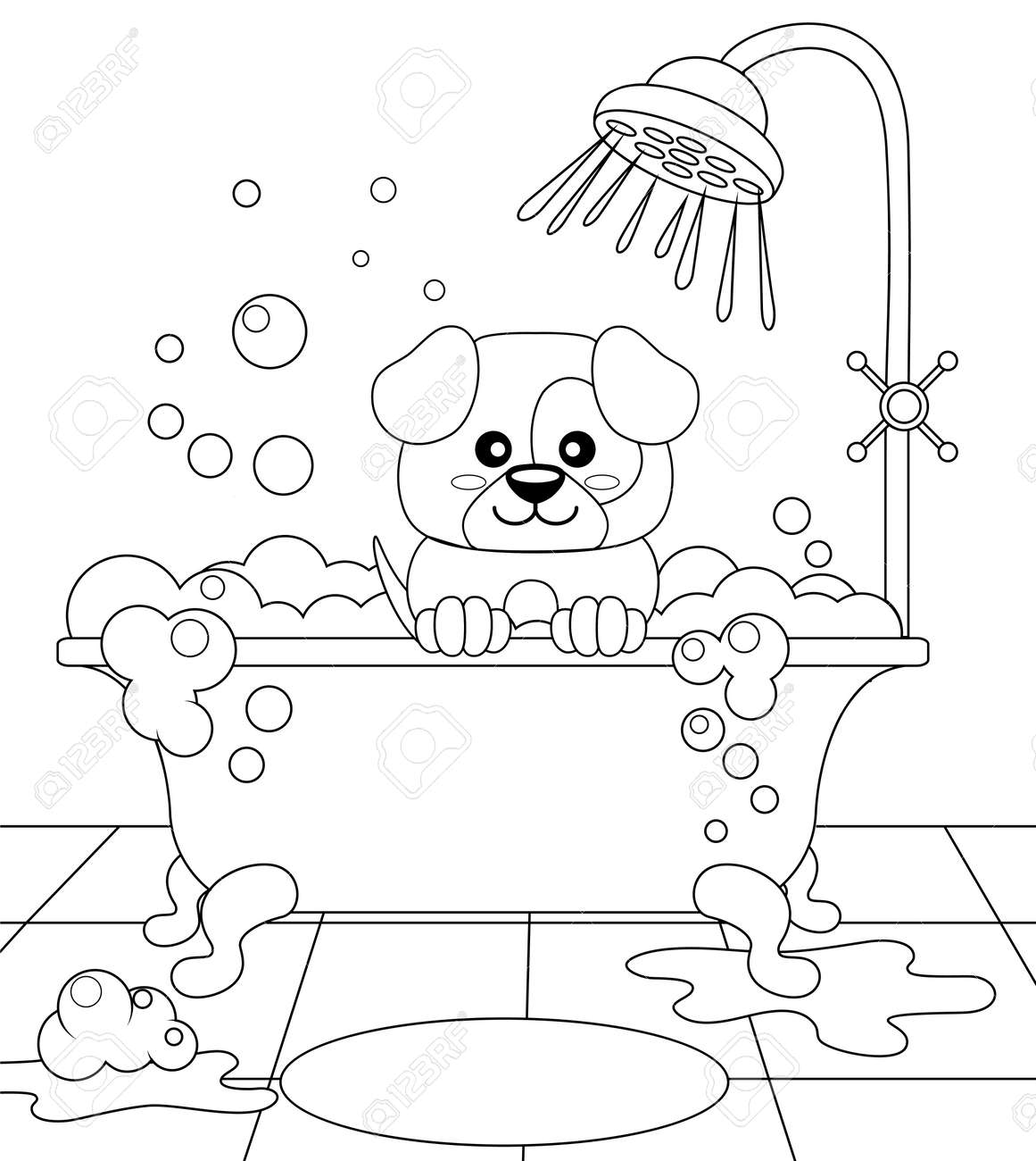 Cute Puppy Taking Bath. Dog Grooming. Black And White Vector ... Cute Puppy Taking Bath. Dog Grooming. Black And White Vector ...