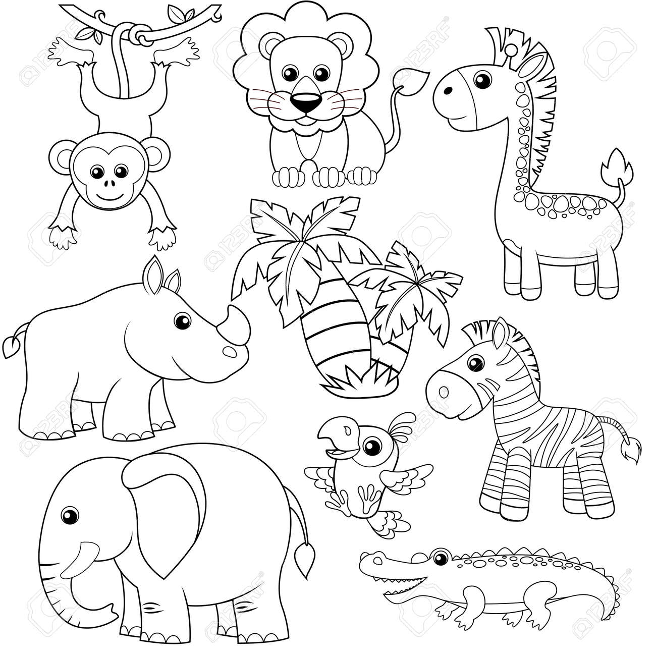 Jungle Animals. Lion, Elephant, Giraffe, Monkey, Parrot ...