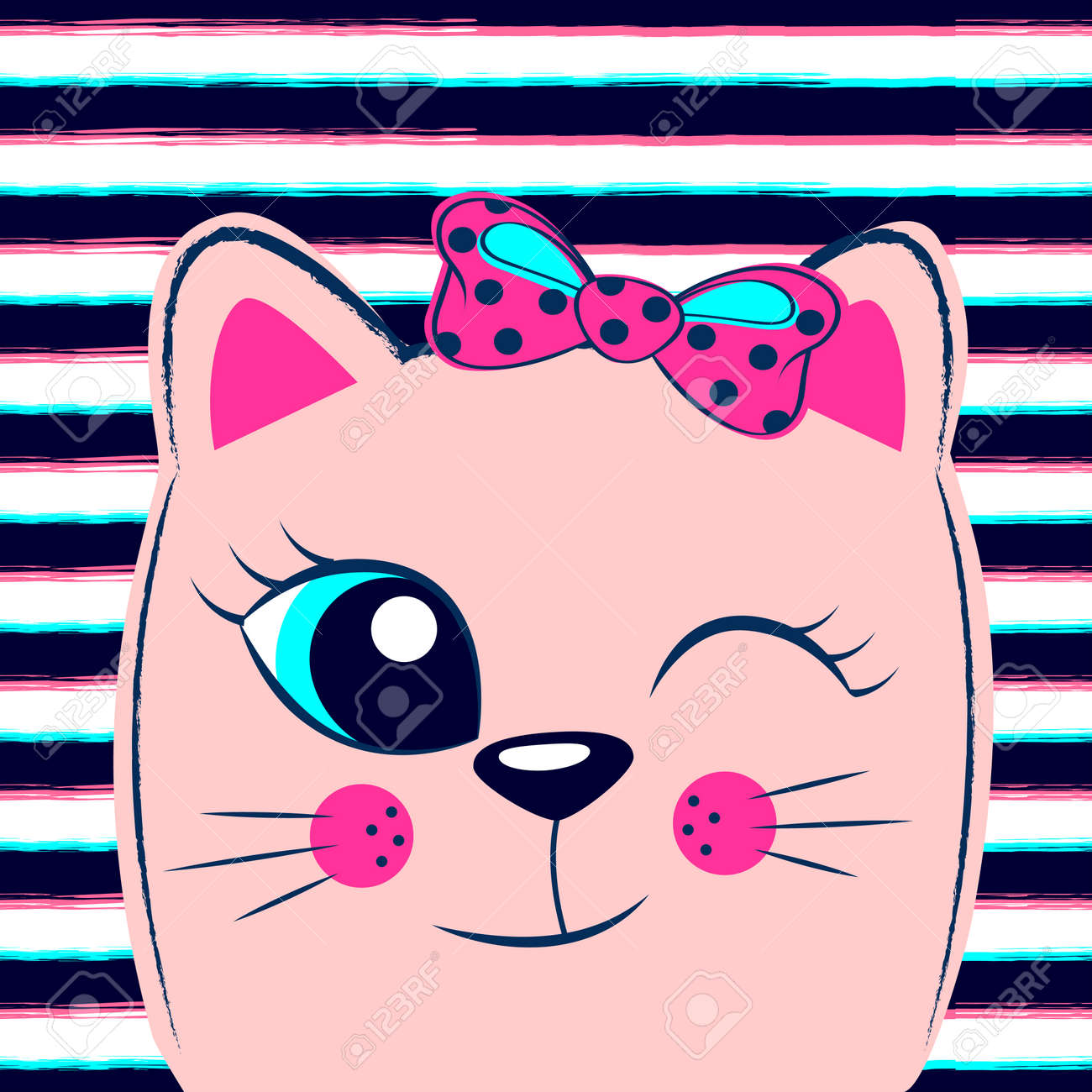 Mignon Chaton Rose Avec Arc Rose Sur Fond Rayé Impression Chiot Avec Kitty Pour T Shirt