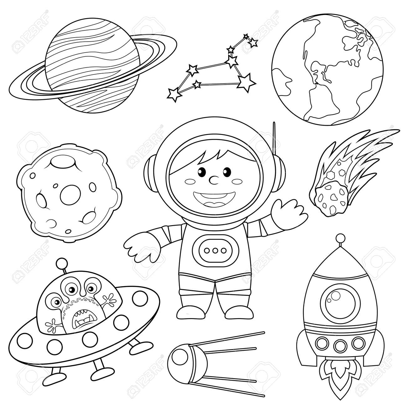 ensemble d elements espace astronaute terre saturne lune ovni fusee comete constellation spoutnik et etoiles illustration noir blanc pour le cahier de coloriage clip art libres droits vecteurs jungle gratuit