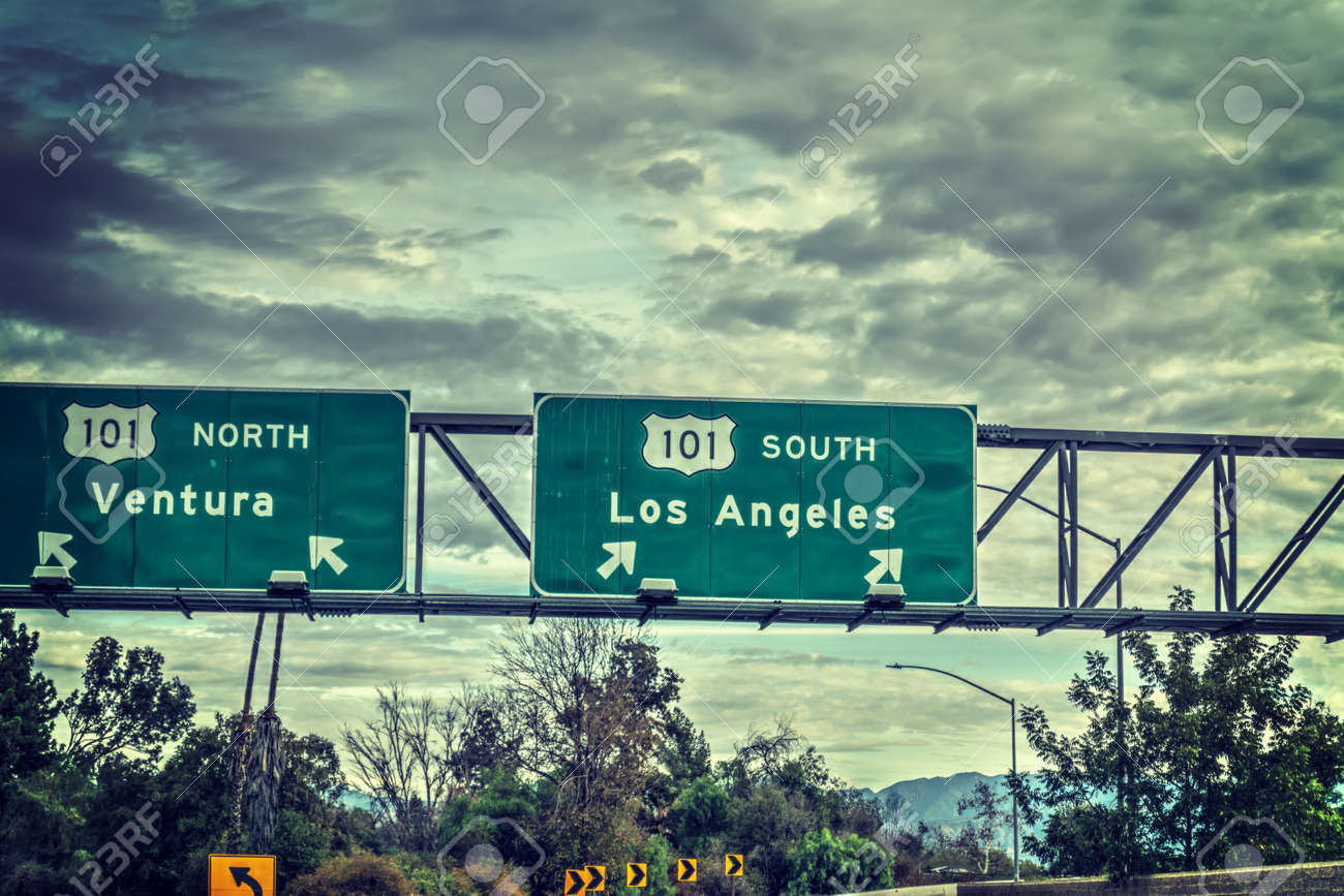 Los Angeles Ausgangsschild Herein Autobahn 101 Unter Einem Bewolkten Himmel Kalifornien Lizenzfreie Fotos Bilder Und Stock Fotografie Image 92152920