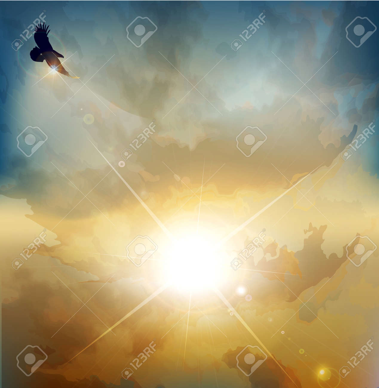 vector background with high-soaring eagle on a background of rising sun - 12488303 vector background with high-soaring eagle on a background of rising sun - 12488303