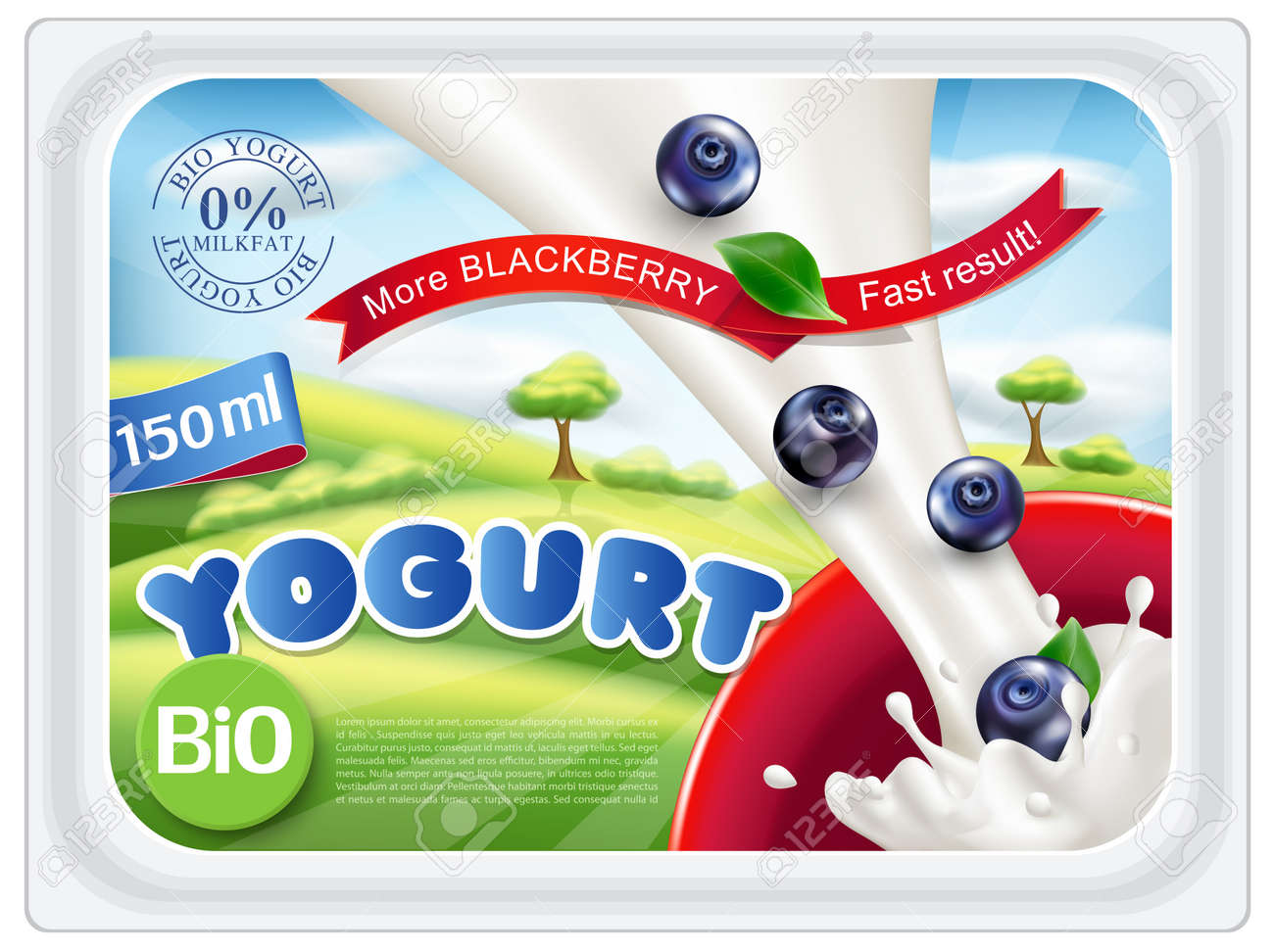 template stickers for packing yogurt with raspberries on a blue