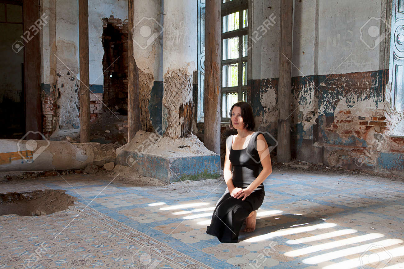 Abandoned Church young woman praying in old abandoned church stock photo, picture Abandoned Church young woman praying in old abandoned church stock photo, picture