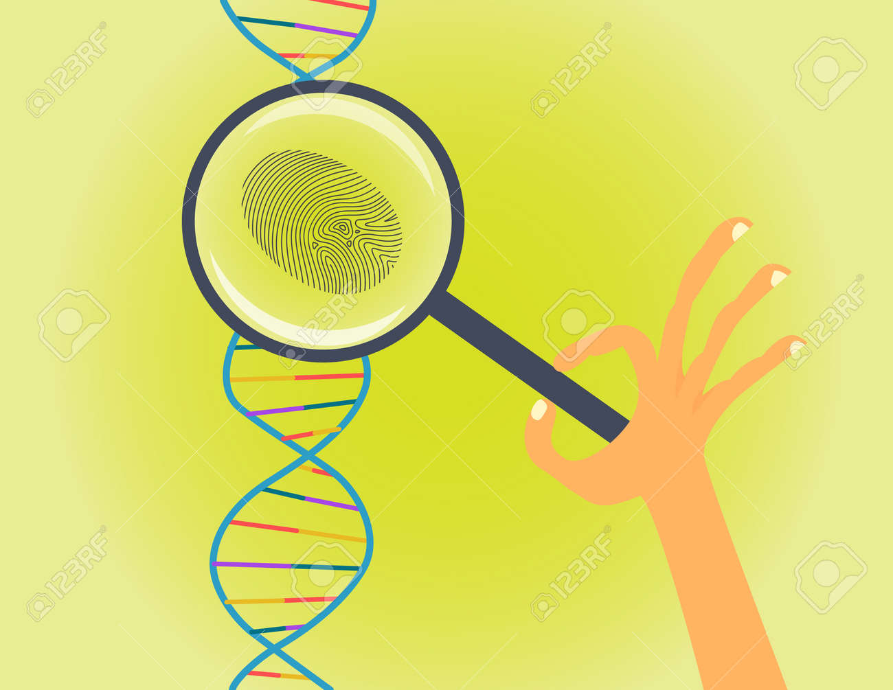 Dna フィンガー プリント法と概念図をテストします 拡大鏡を手に遺伝学的研究 のイラスト素材 ベクタ Image