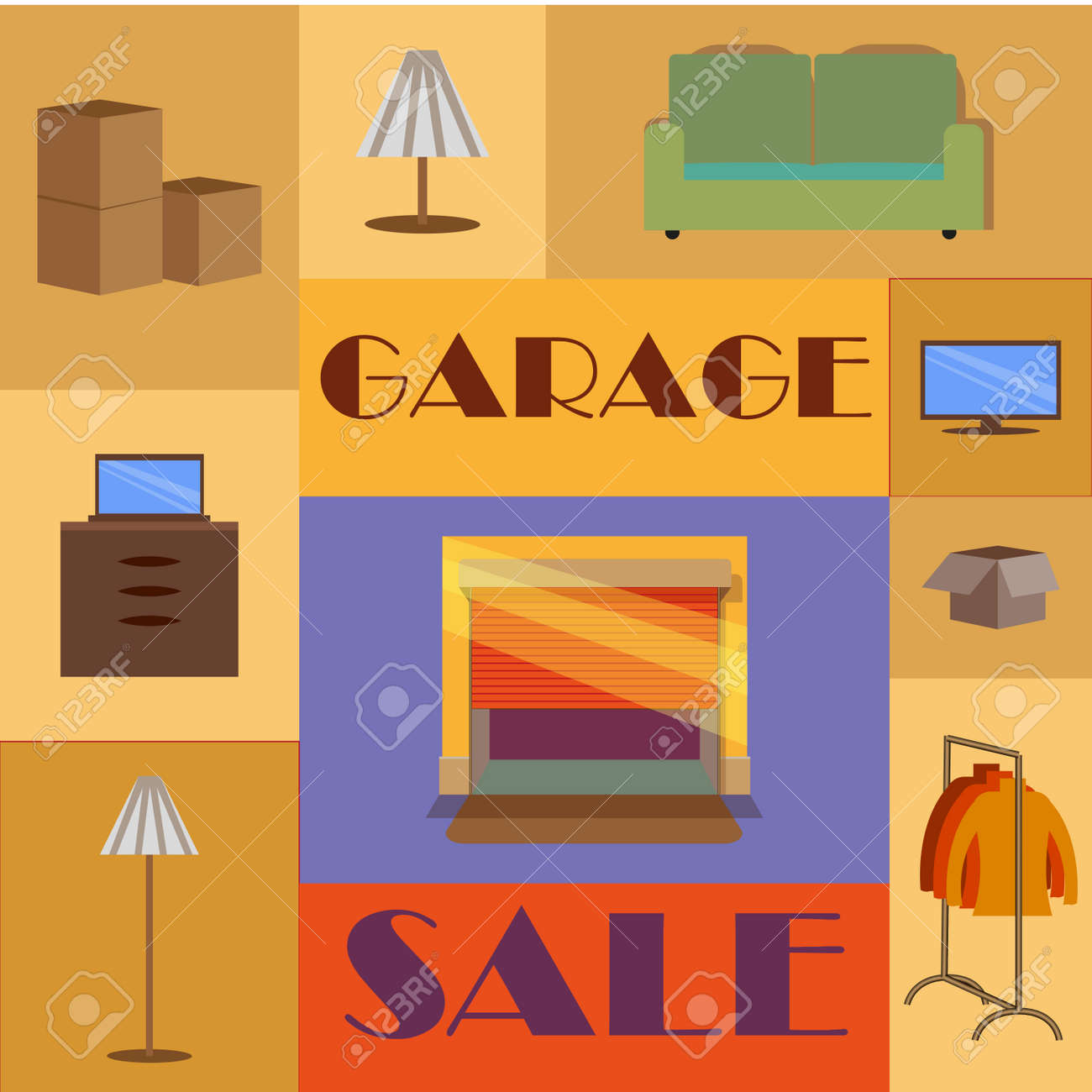 garage-or-yard-sale-with-signs-box-and-household-items-vintage-printable-poster-or-banner-template-royalty-free-svg-cliparts-vectors-and-stock-illustration-image-60006924