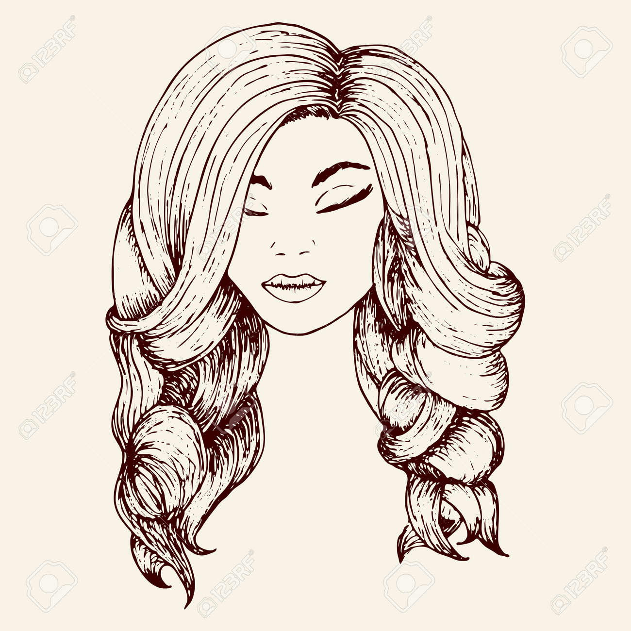 Girl With Beautiful Hair Wavy Hair A Hand Drawn Sketch Style