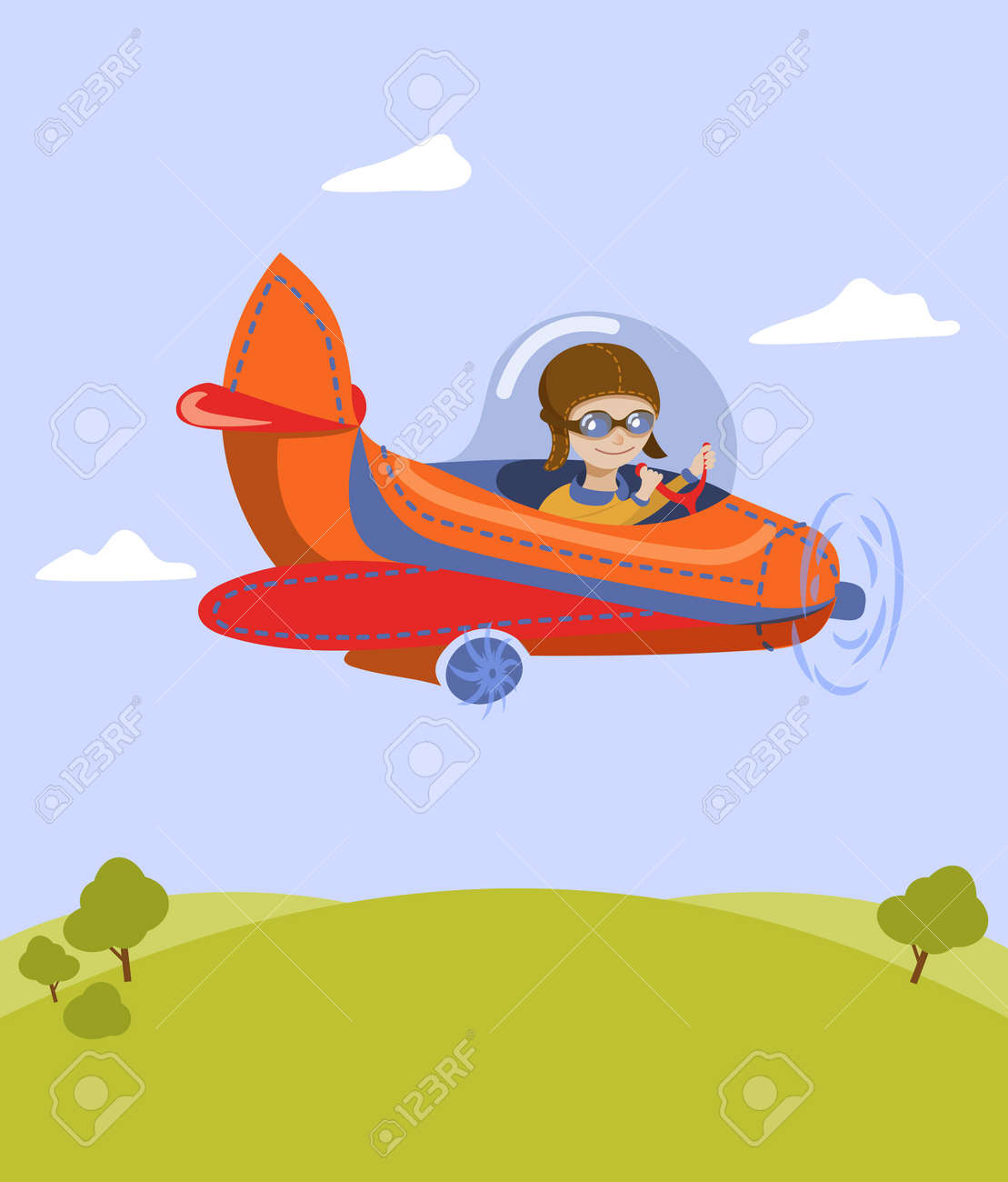 オレンジ色の平面上の男の子の旅行方法の漫画イラスト 子は 緑の空き地に雲と木々 の空を横切って飛ぶ のイラスト素材 ベクタ Image