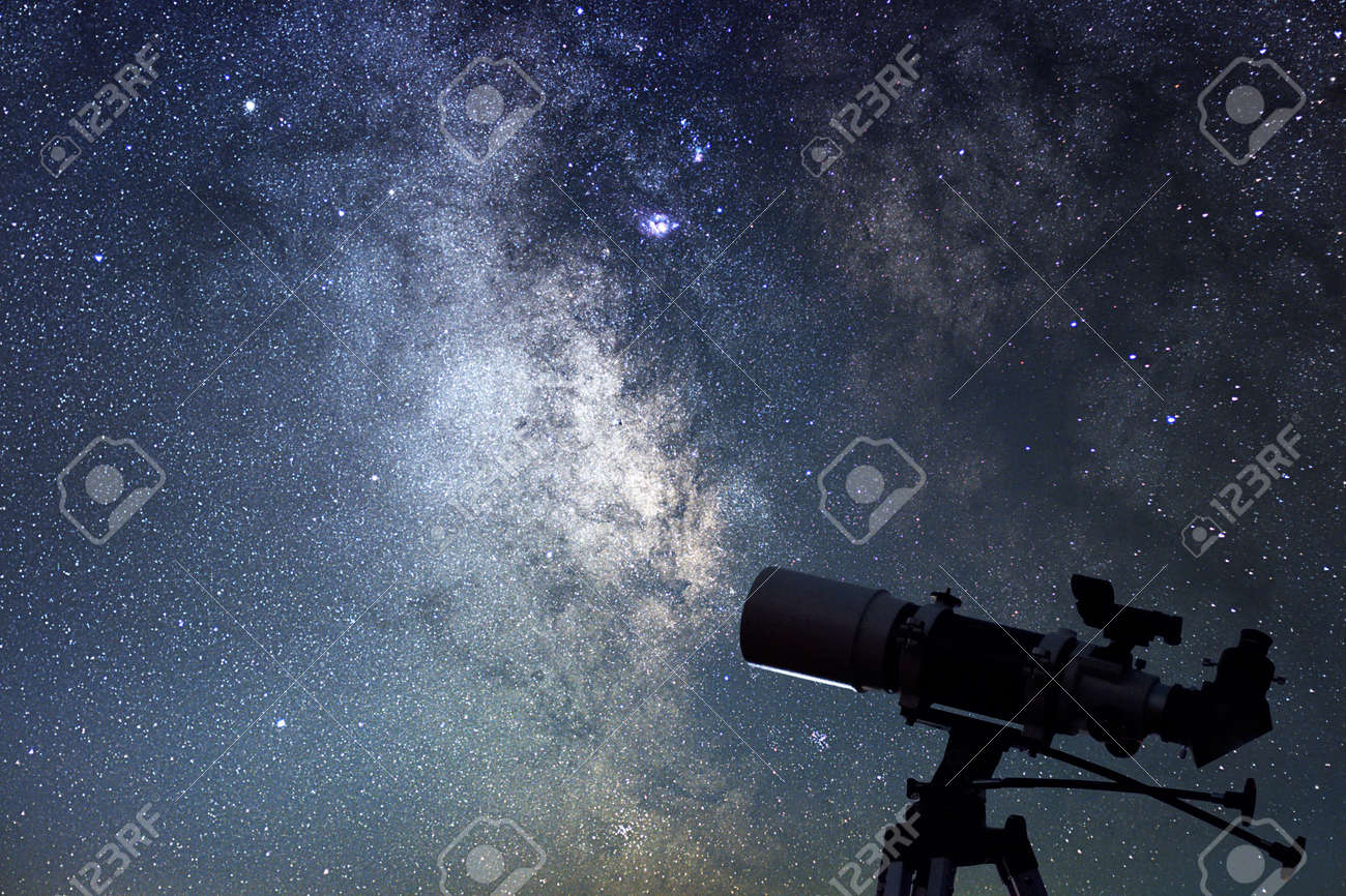 Telescope in starry night. Milky way and telescope. Astronomy - 63398206 Telescope in starry night. Milky way and telescope. Astronomy - 63398206