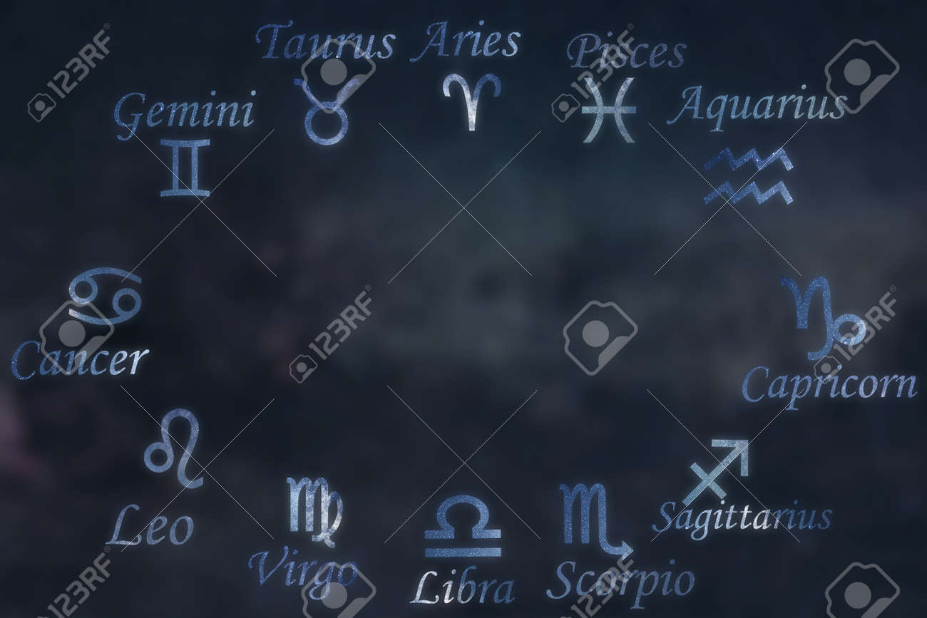 黄道星座がん うお座 みずがめ座 山羊座 射手座 さそり座 てんびん座 おとめ座 レオ ジェミニ おうし座 牡羊座 銀河背景 の写真素材 画像素材 Image