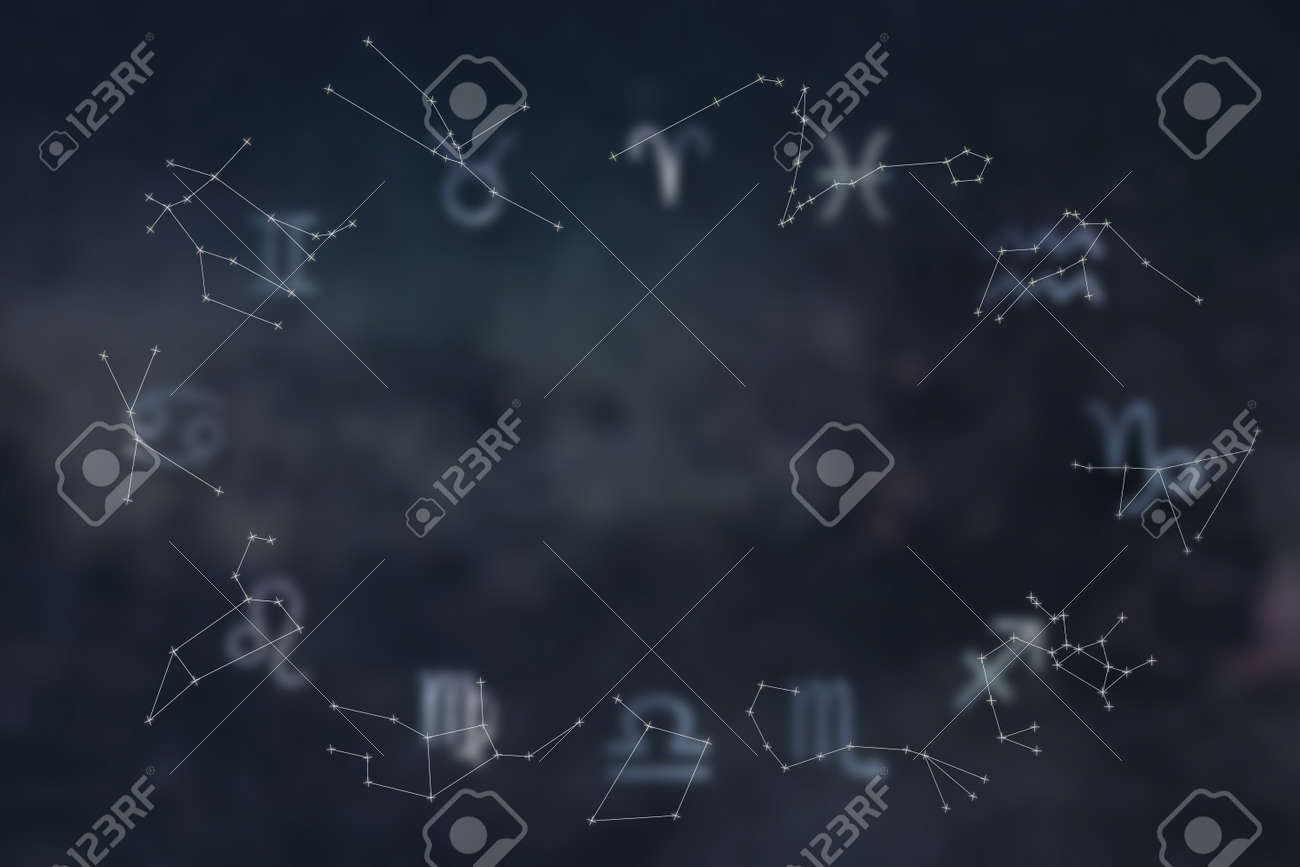 黄道星座がん うお座 みずがめ座 山羊座 射手座 さそり座 てんびん座 おとめ座 レオ ジェミニ おうし座 牡羊座 銀河背景 の写真素材 画像素材 Image