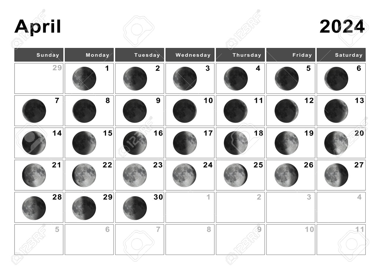 April 2024 Lunar Calendar, Moon Cycles, Moon Phases Stock Photo, Picture  and Royalty Free Image. Image 192760042., image size:1300x910