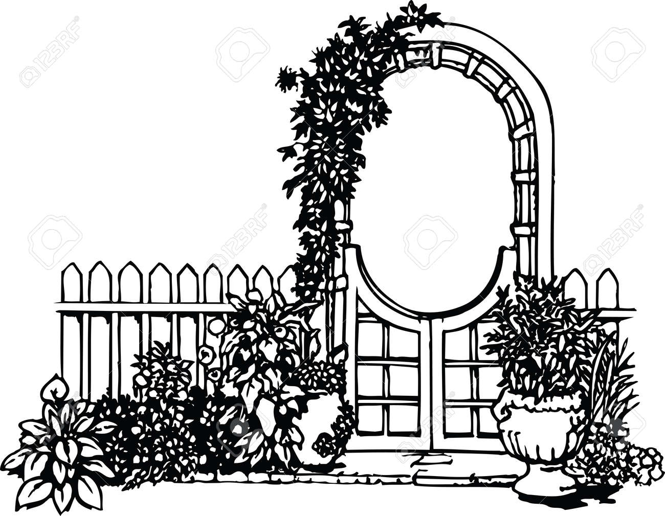 Garden Gate With Flowers Vector Illustration Royalty Free Cliparts Vectors And Stock Illustration Image