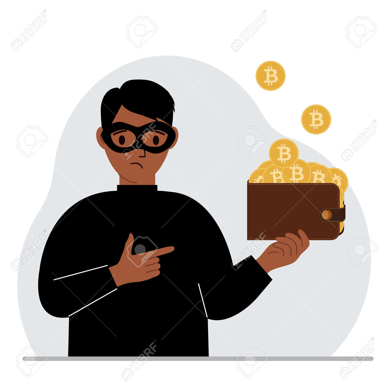 ビットコインのサインが付いたコインの財布を持つ黒いマスクの泥棒。サイバー攻撃、モバイルフィッシング、詐欺、ハッカー、盗難、盗難。ベクターフラットイラストのイラスト素材・ベクター  Image 191015178
