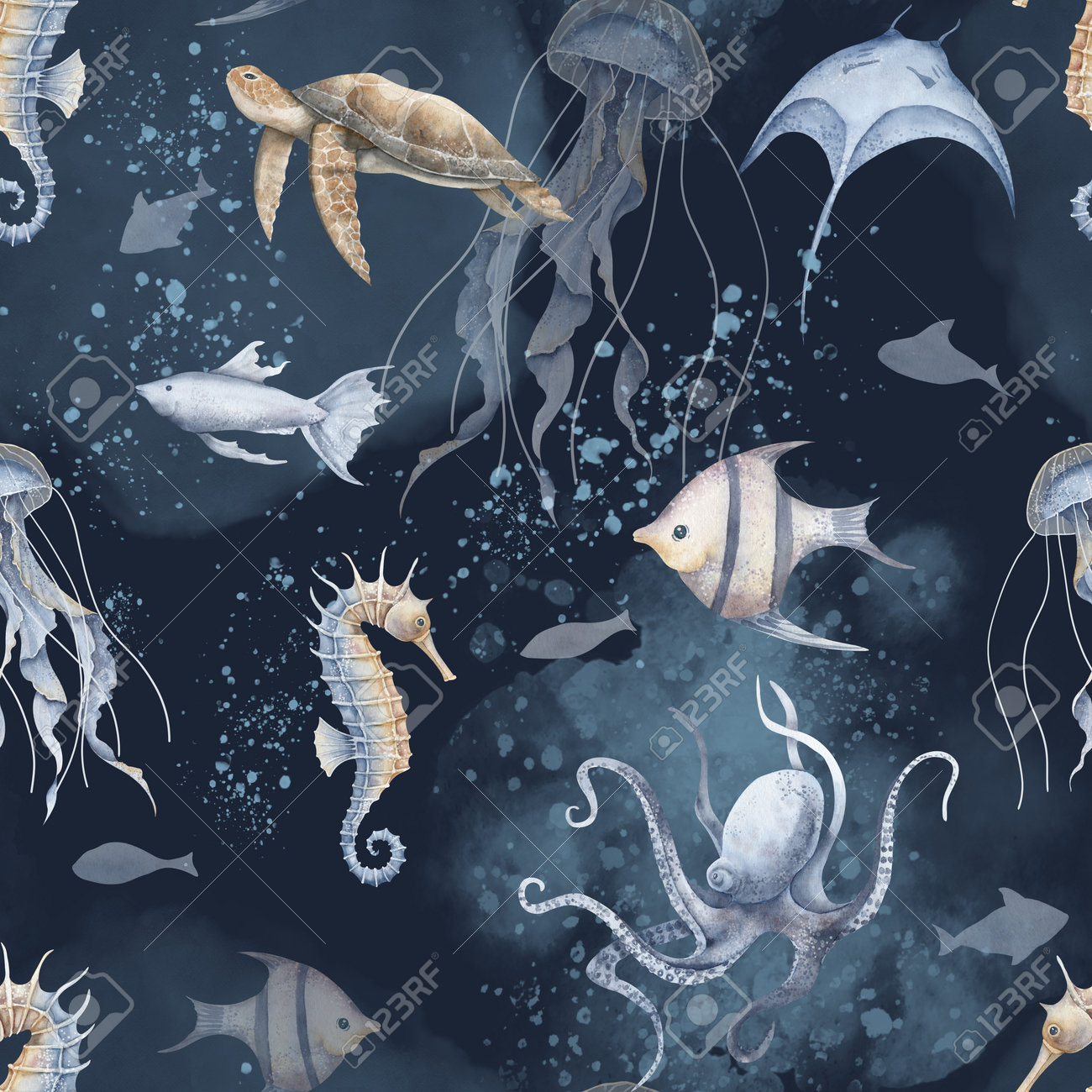 Undersea Seamless Pattern With Underwater Animals And Fishes On Dark Black  Blue Background. Hand Drawn Watercolor Illustration With Turtle, Seahorse  And Octopus For Wrapping Paper Or Textile Design. Stock Photo, Picture and, image size:1300x1300