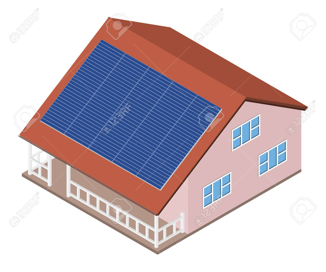 家の屋根の上のソーラー パネル 太陽電池エネルギー機器等尺性のコテージ エコ フレンドリーな代替技術コンセプト ベクトルの図 のイラスト素材 ベクタ Image