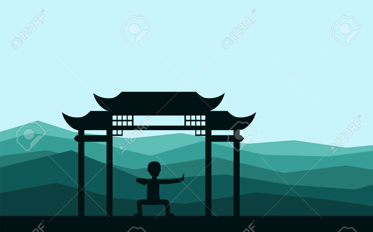 夕方に気功や太極拳の演習を行う男性 太極拳 気功エクササイズを練習する男性 古代中国のヘルスケアは フラットスタイルのベクトルイラストを実践しています のイラスト素材 ベクタ Image