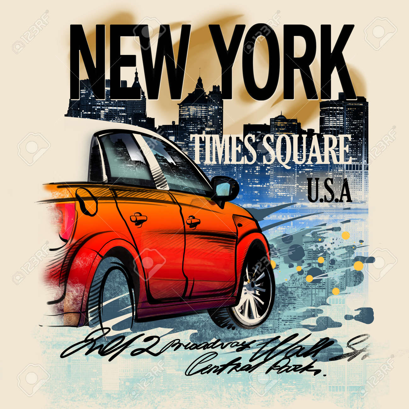 ニューヨークの夜に赤い車を塗装しました 米国 手を描画します 雨 水たまり 水をはねします 鉛筆デッサンと水彩 都市景観 古いベージュの鮮やかなイラストです 都会的なスタイル の写真素材 画像素材 Image