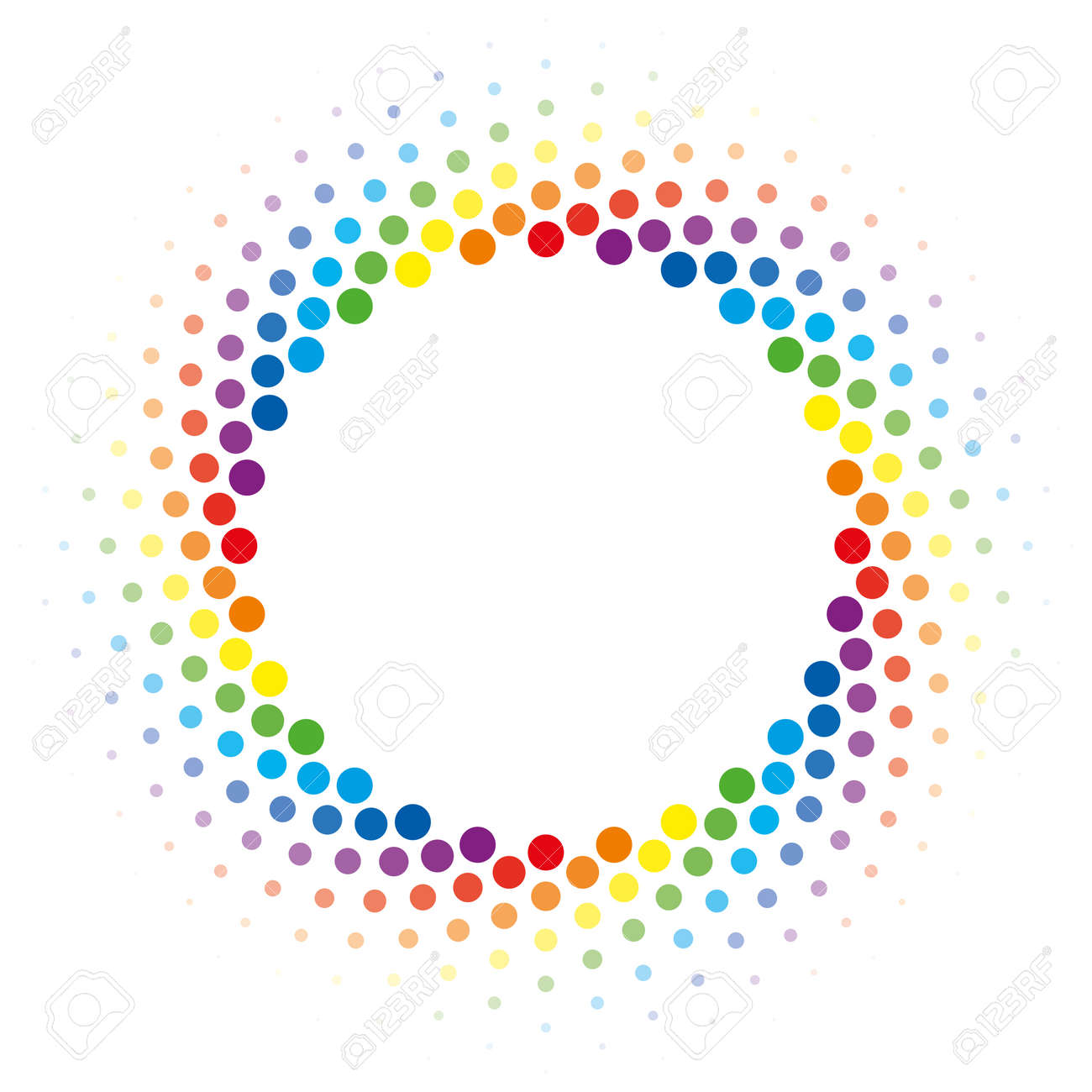 Colorful Halftone Circle Frame Vector Design Element On White Background.  Halftoned Dots Flash Light With Fade Effect Of Halo. Optical Illusion Of  Half Tone Swirl Rainbow Wheel Royalty Free SVG, Cliparts, Vectors,