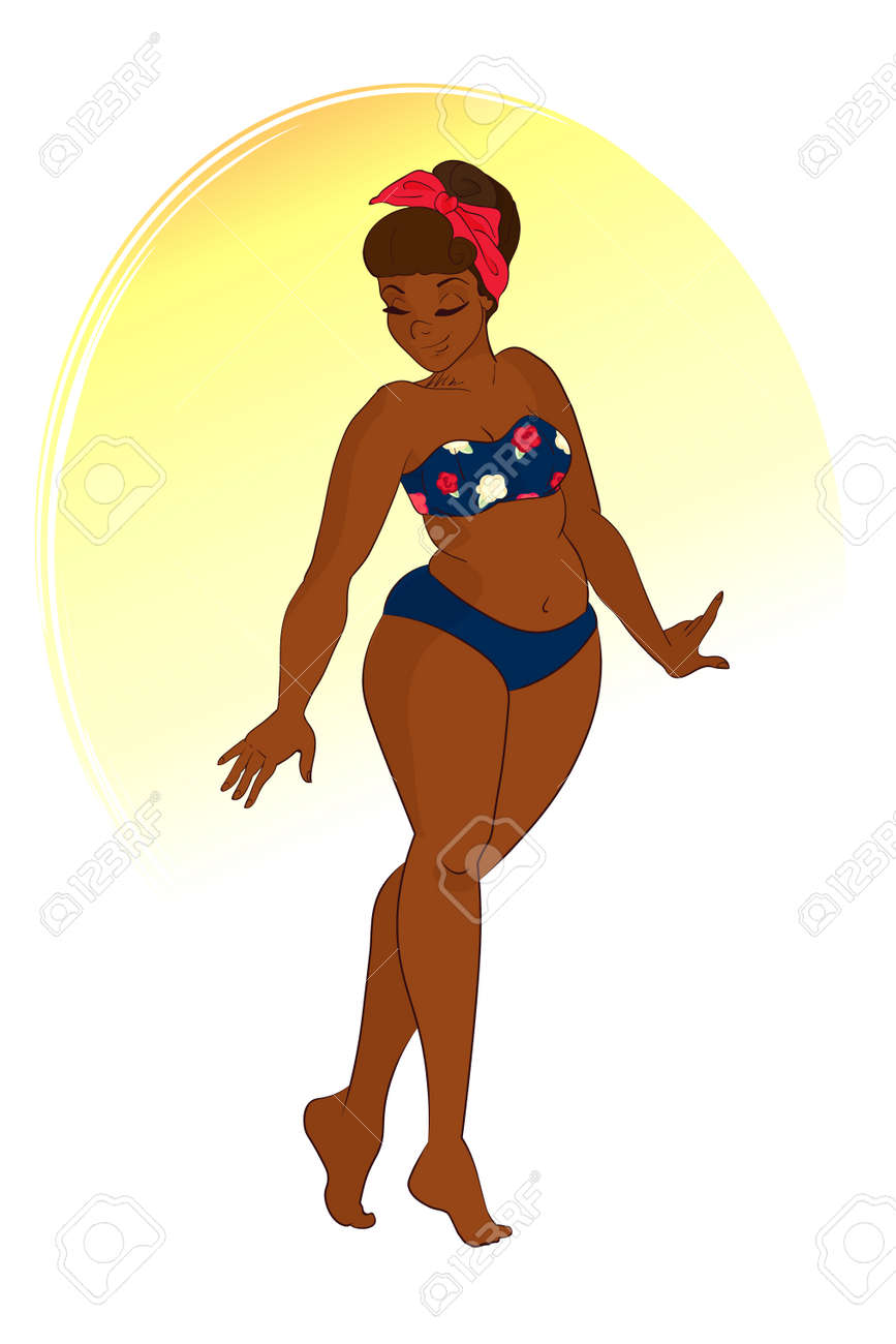 Personnage De Dessin Animé Cute Girl Africaine Femme Porter Bikini Isolé Sur Fond Blanc Mode Rétro