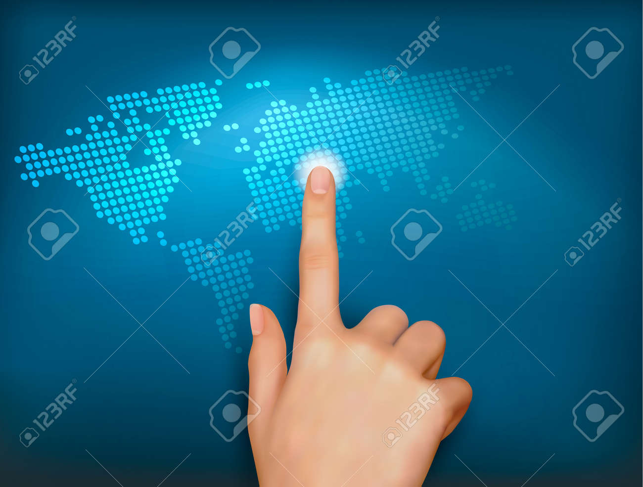 finger touching world map on a touch screen vector royalty free
