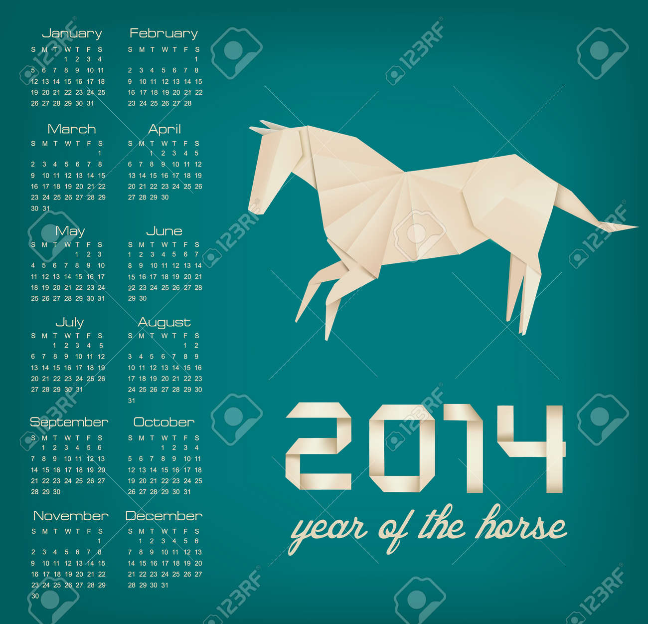Retro Calendar For The Year 2014 Origami Horse Vector
