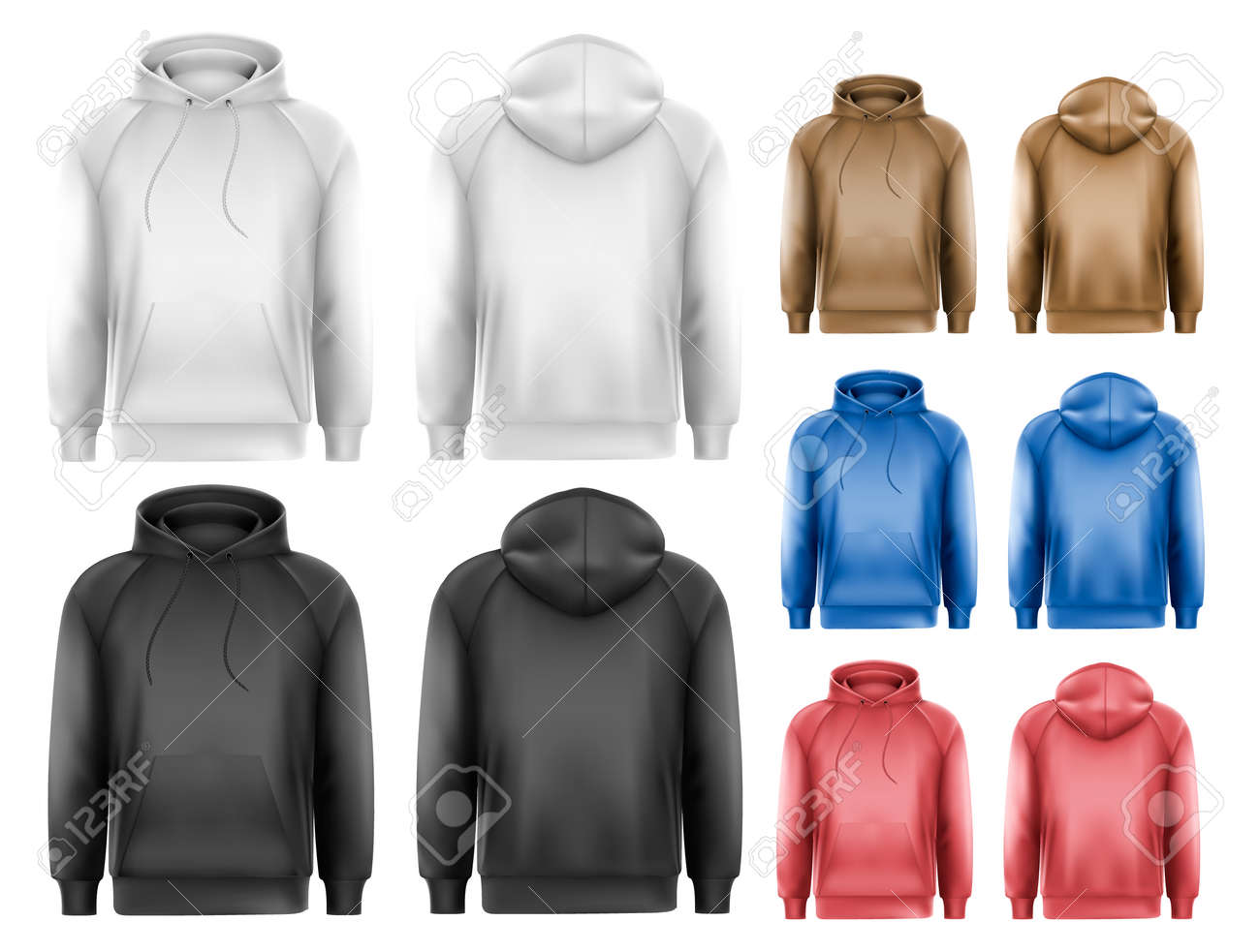Set Aus Schwarzen Und Weißen Und Bunten Männlichen Hoodies Weiße Herren Sweatshirt Vorlage Mit Probe Text Vorder Und