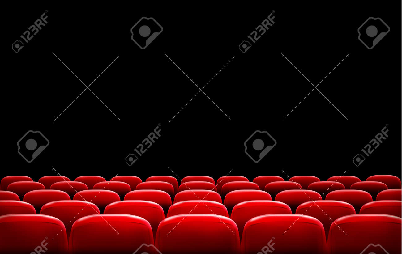 サンプル テキスト スペースをもつ黒いスクリーンの前に赤の映画館や劇場の座席の行 ベクトル のイラスト素材 ベクタ Image