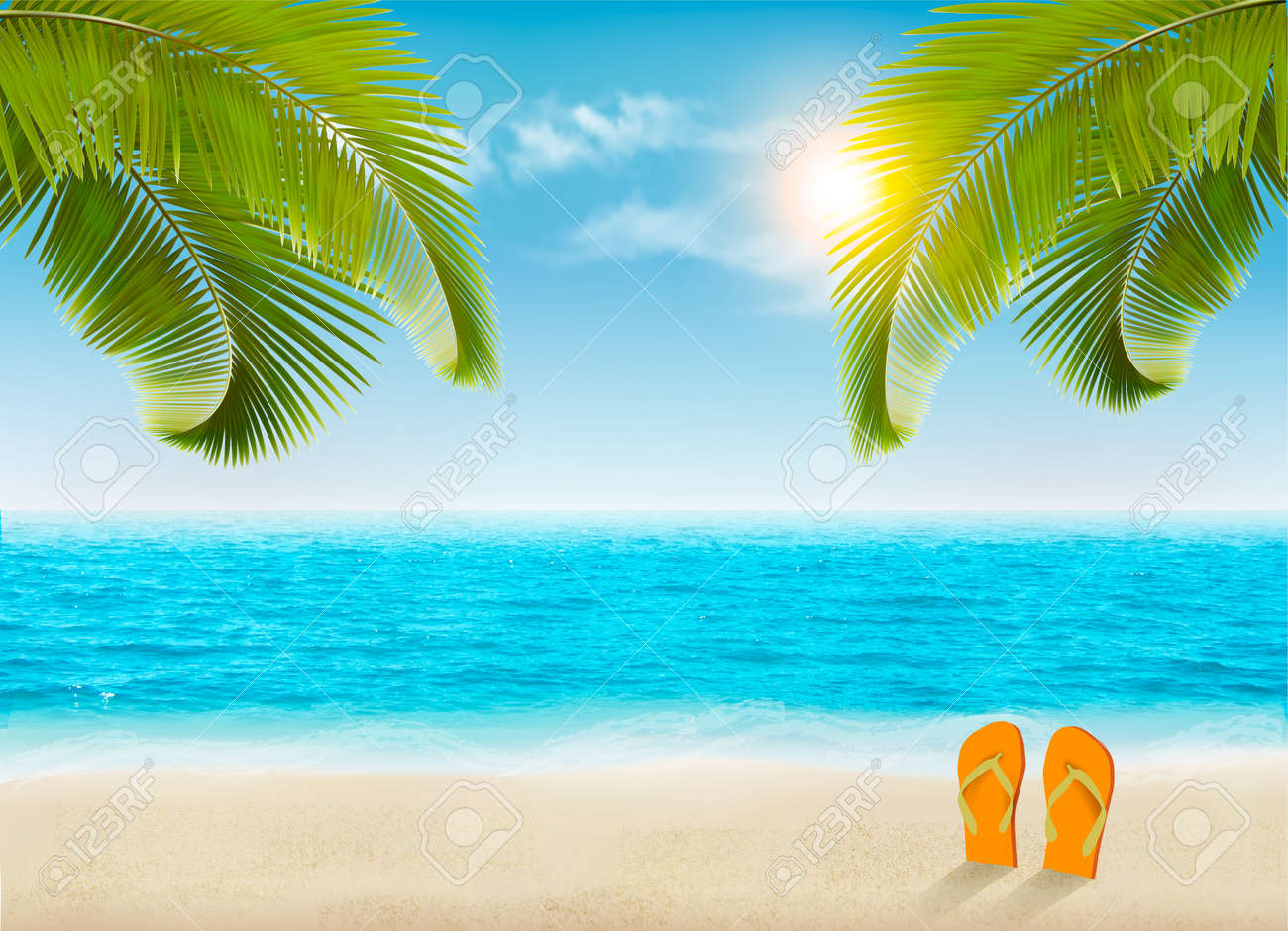 Vacation Background Beach With Palm Trees And Blue Sea Vector Vacation Background Beach With Palm Trees And Blue Sea Vector