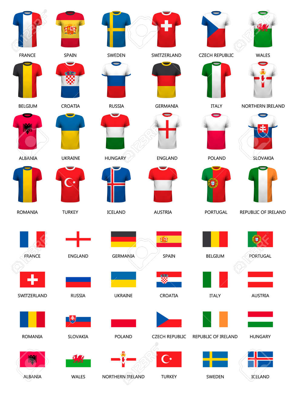 Colección De Varias Camisetas Fútbol Banderas De Los Países. Vector. Ilustraciones Svg, Vectoriales, Art Vectorizado Libre De Derechos. Image