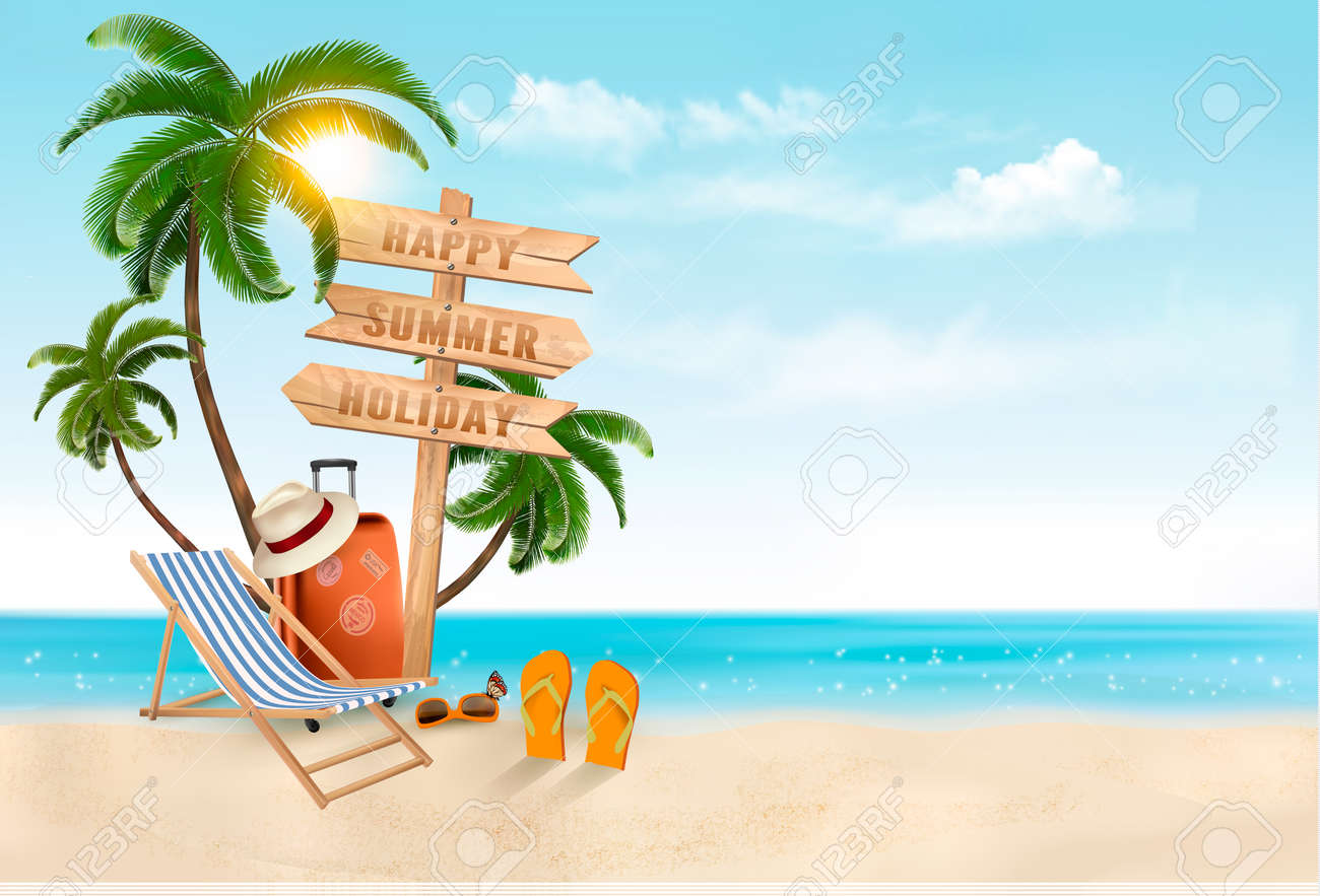 Seaside Vacation Vector Travel Items On The Beach Royalty Free Cliparts Vectors And Stock Illustration Image 72884304