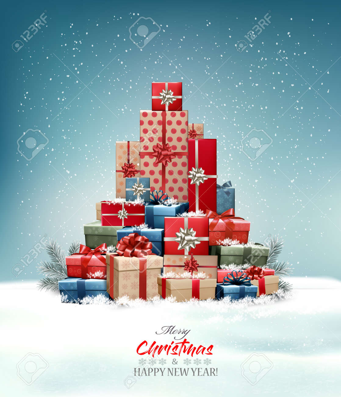 Retro holiday christmas background with christmas tree made out of colorful gift boxes and presents. Vector illustration - 159990787 Retro holiday christmas background with christmas tree made out of colorful gift boxes and presents. Vector illustration - 159990787
