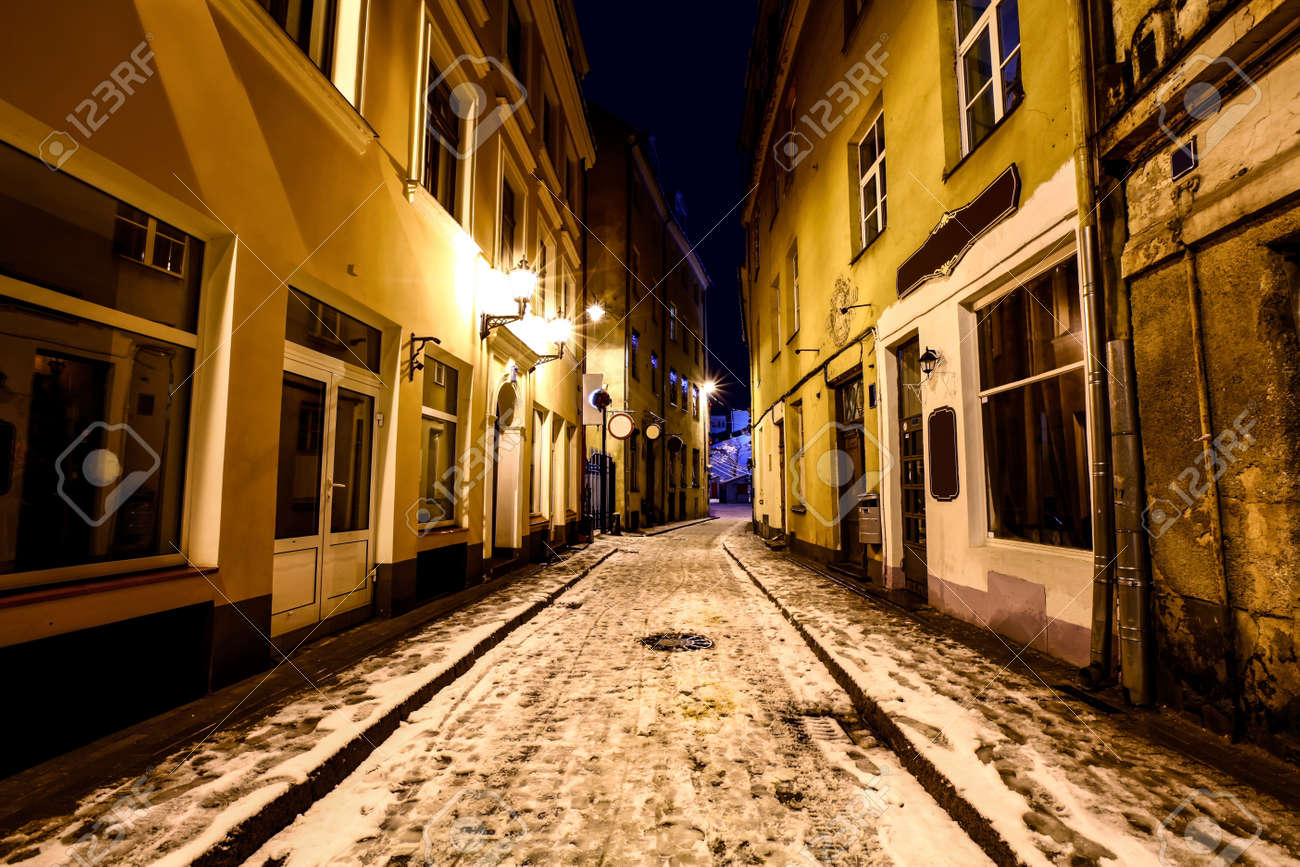 Night street of Old Riga, Latvia in winter time - 25146234 Night street of Old Riga, Latvia in winter time - 25146234