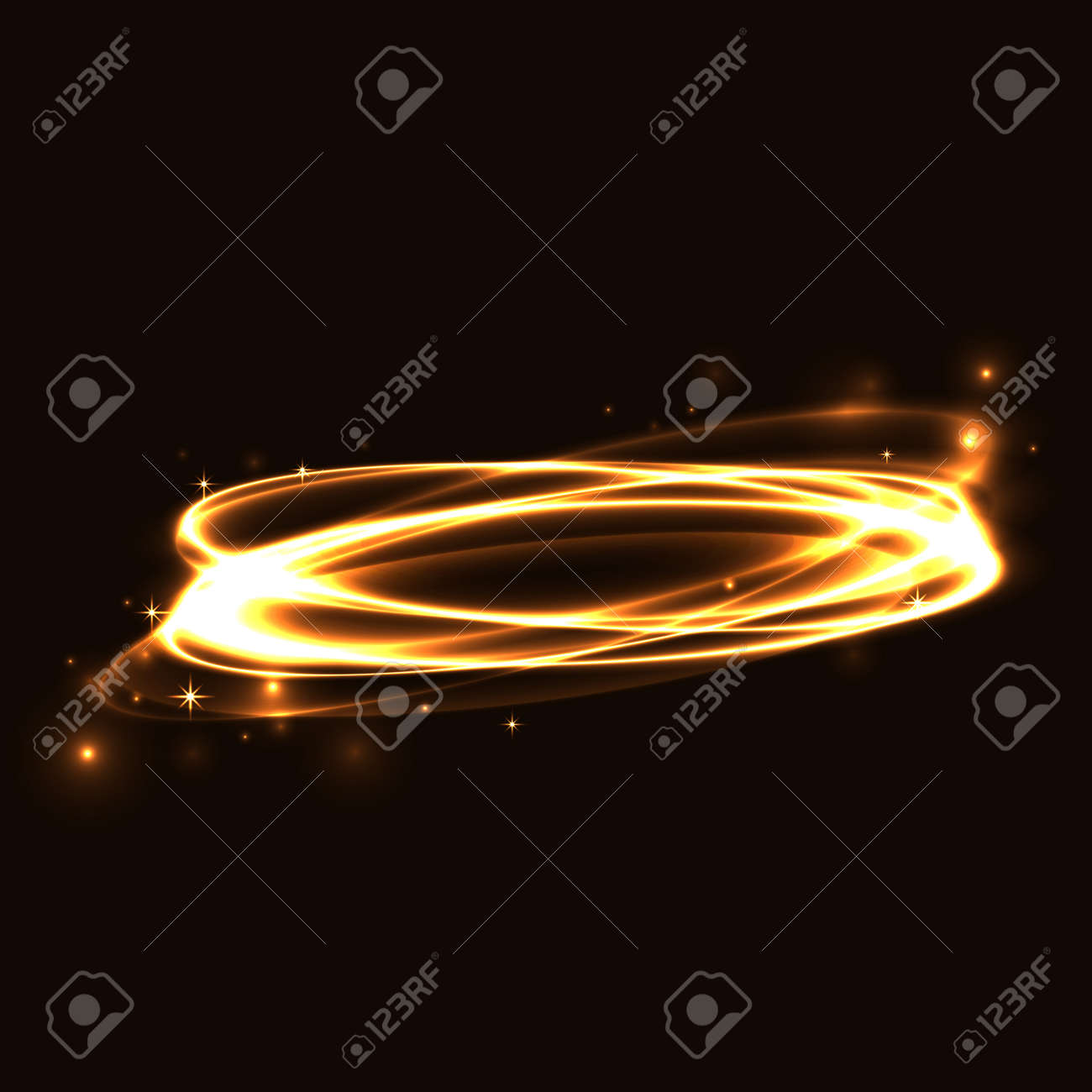 Gold Circle Light Tracing Effect Glowing Magic Fire Ring Trace Sparkle Swirl Trail On Black Background Bokeh Glitter Round Ellipse Line With Flying Sparkling Flash Lights Vector Illustration Royalty Free Cliparts Vectors